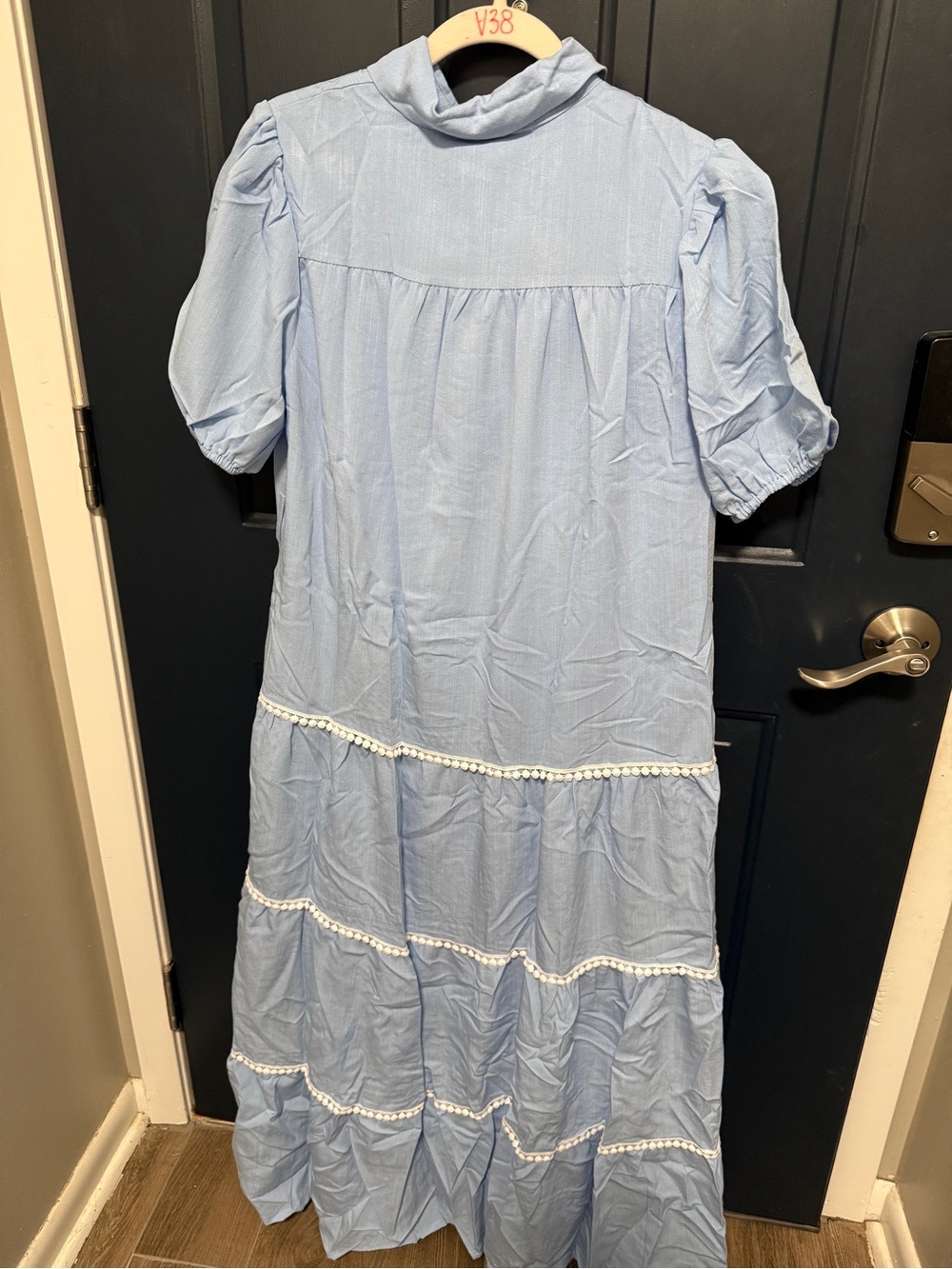 Button-Front Light Blue Tiered Midi Dress with Waist Tie - Picture 5 of 5
